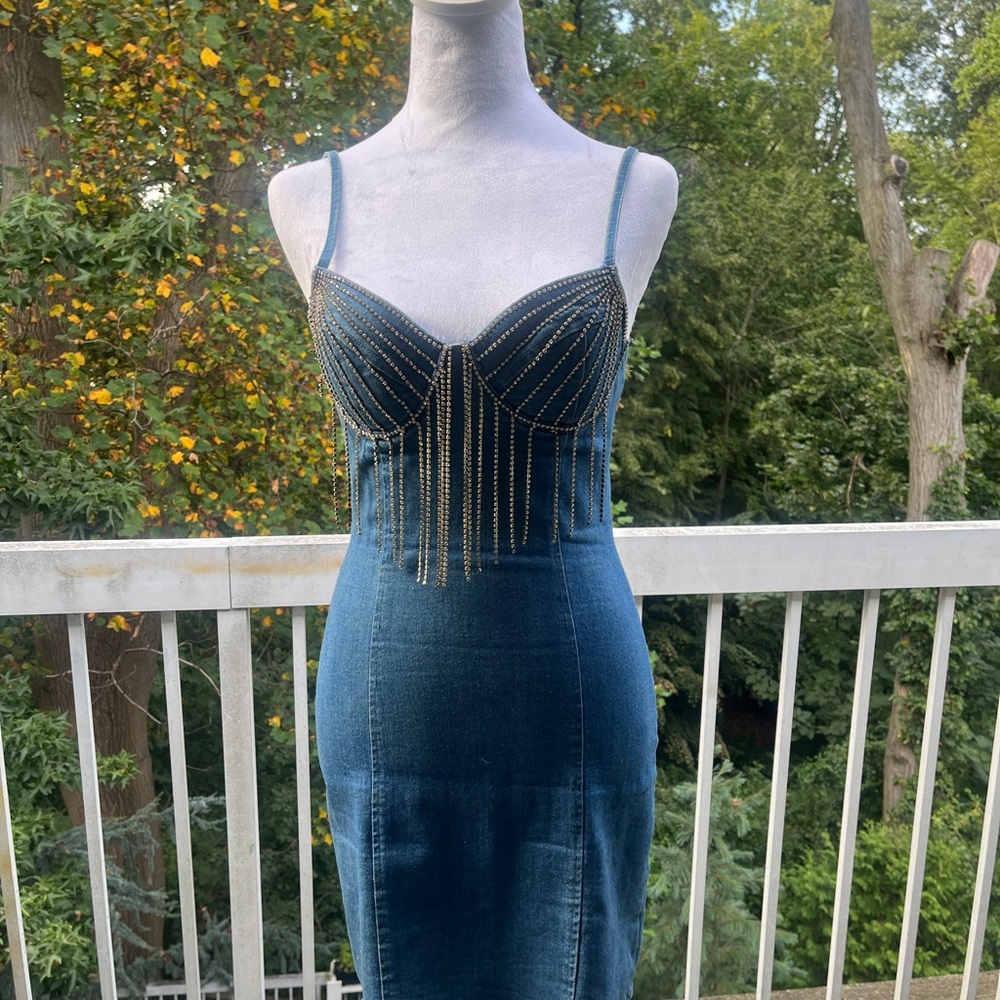 Elegant Blue Denim Dress with Beaded Detail